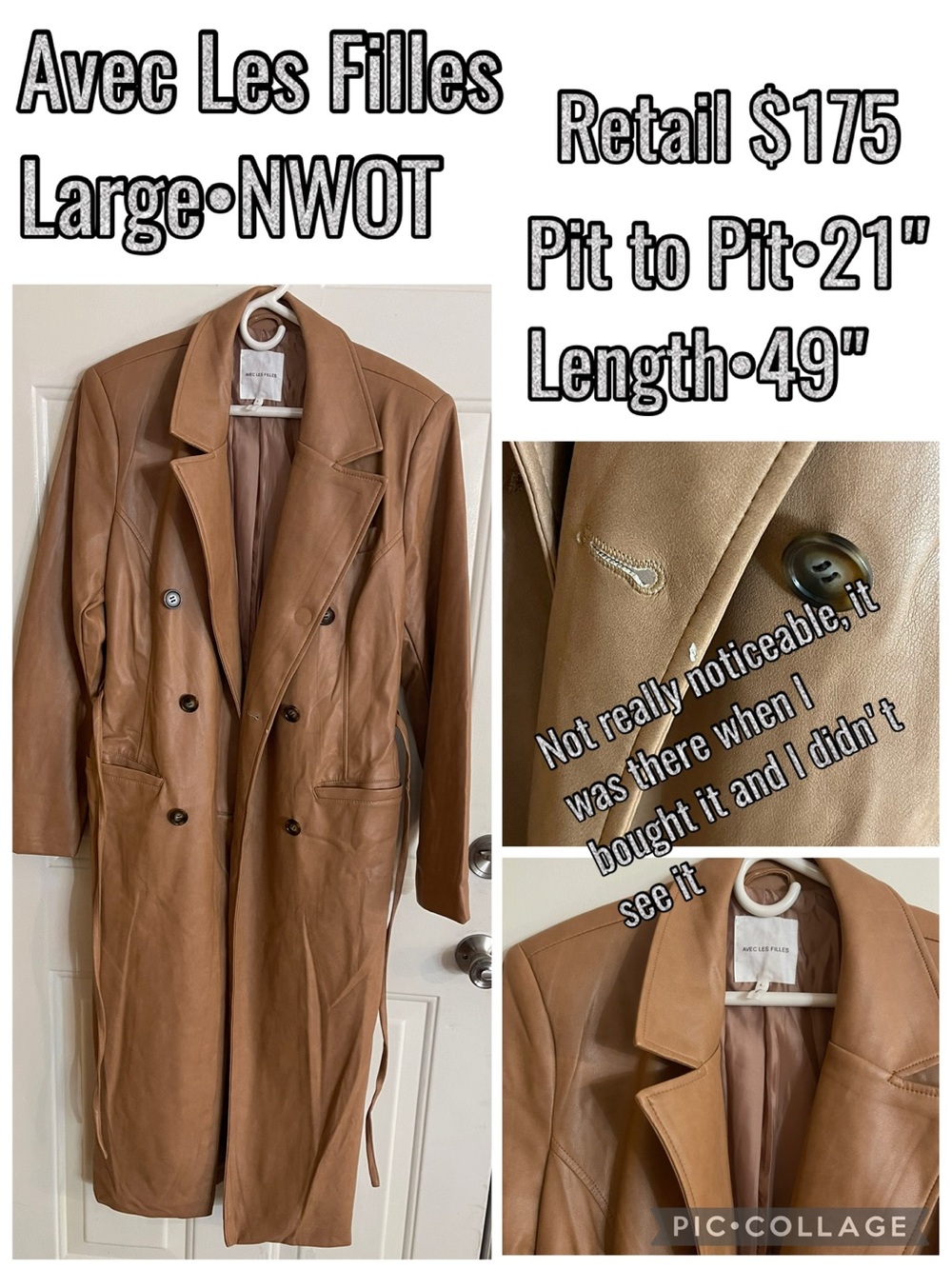 Avec Les Filles Tan Leather Double-Breasted Long Coat